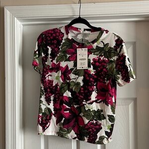 Zara Floral Crewneck Tee - White with Magenta & Green